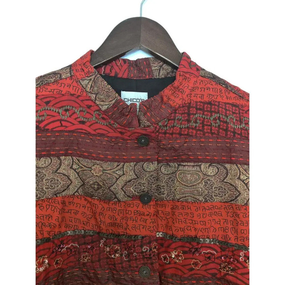 Chico's Red Tapestry Button Up Artsy Rare Embroidered Beaded Jacket Size 2 (L) - Picture 8 of 10